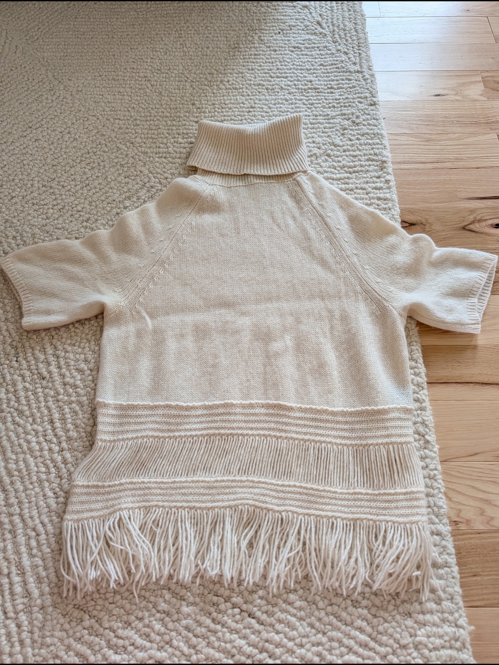360 Cashmere Cream Short-Sleeve Turtleneck Sweater with Fringe